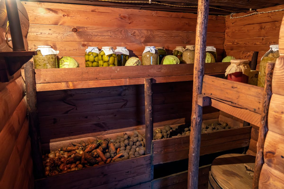 A true root cellar with wooden boxes for storing root crops