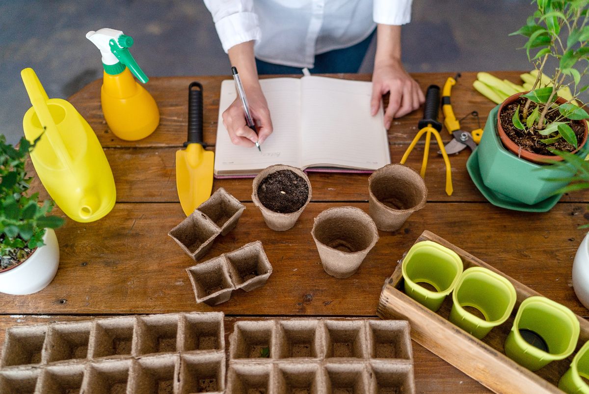 A woman takes notes of the first seeds she’s starting for her garden.