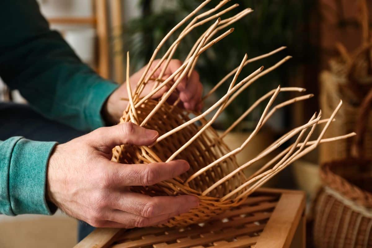 A gardener crafting a basket in the winter