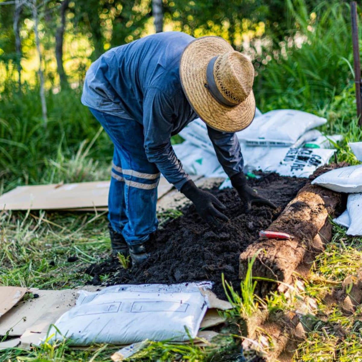 A farmer spreading a fresh soil in a backyard garden.