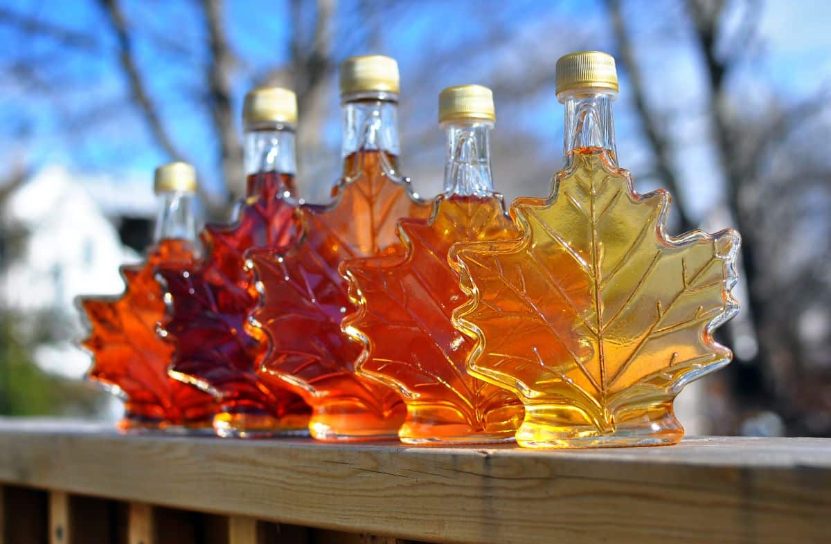 Leaf-shaped bottles of maple syrup lined up on a railing