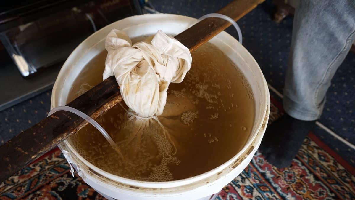 A pillowcase used as a "tea bag" for making worm compost tea