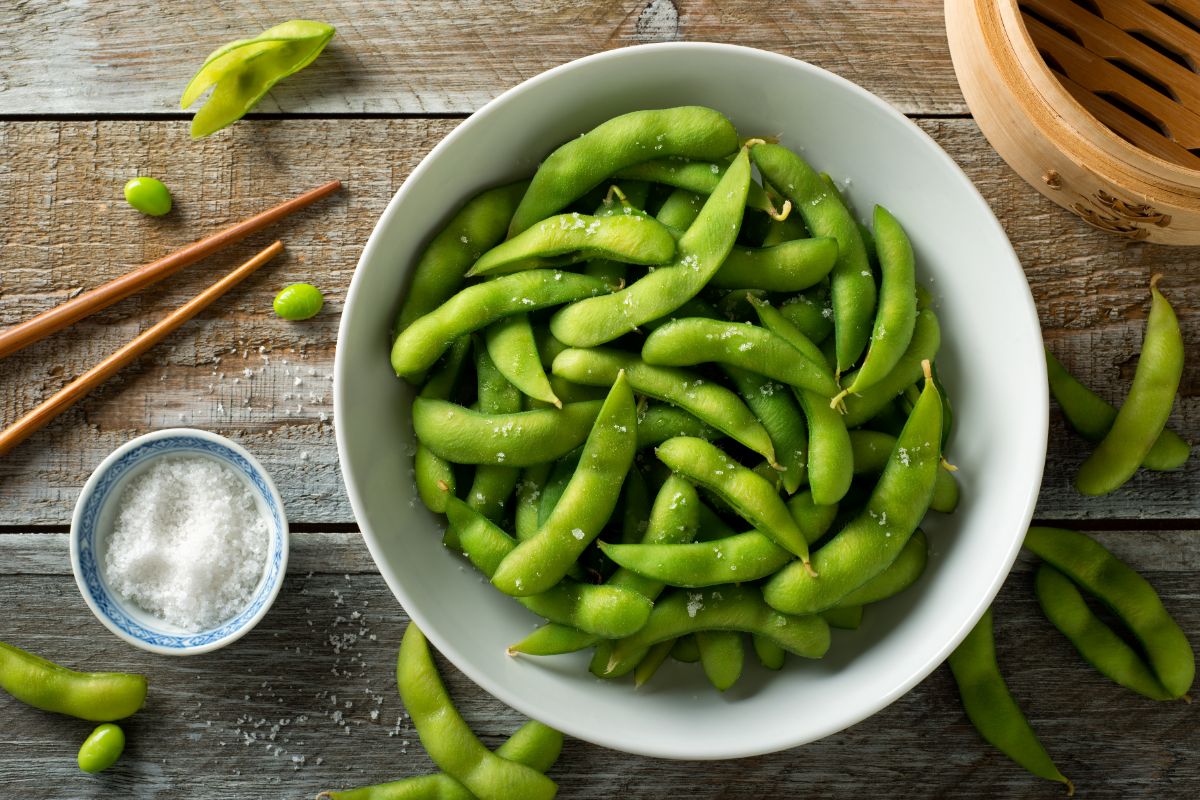 Fresh soy beans in a bowl with salt