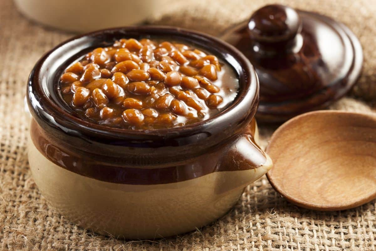 A small crock of baked beans