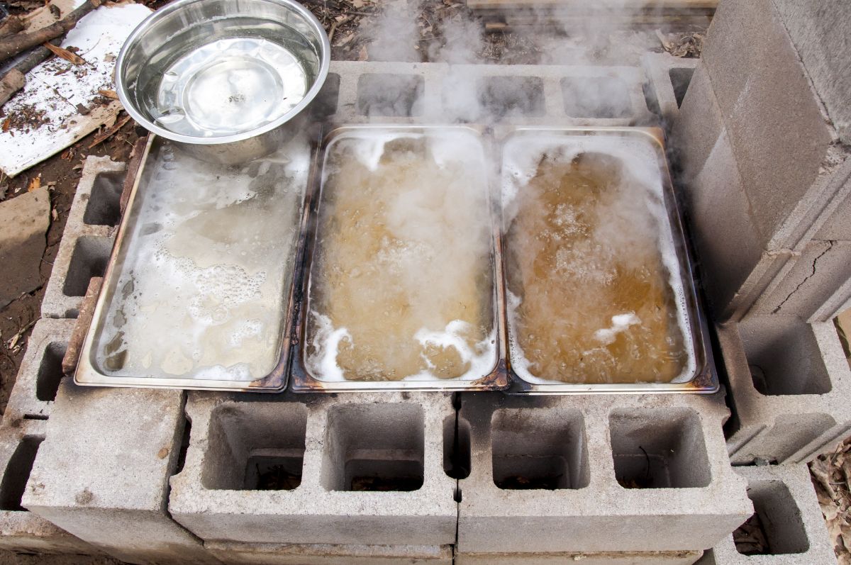 A triple pan boiling set up, DIY maple sugaring