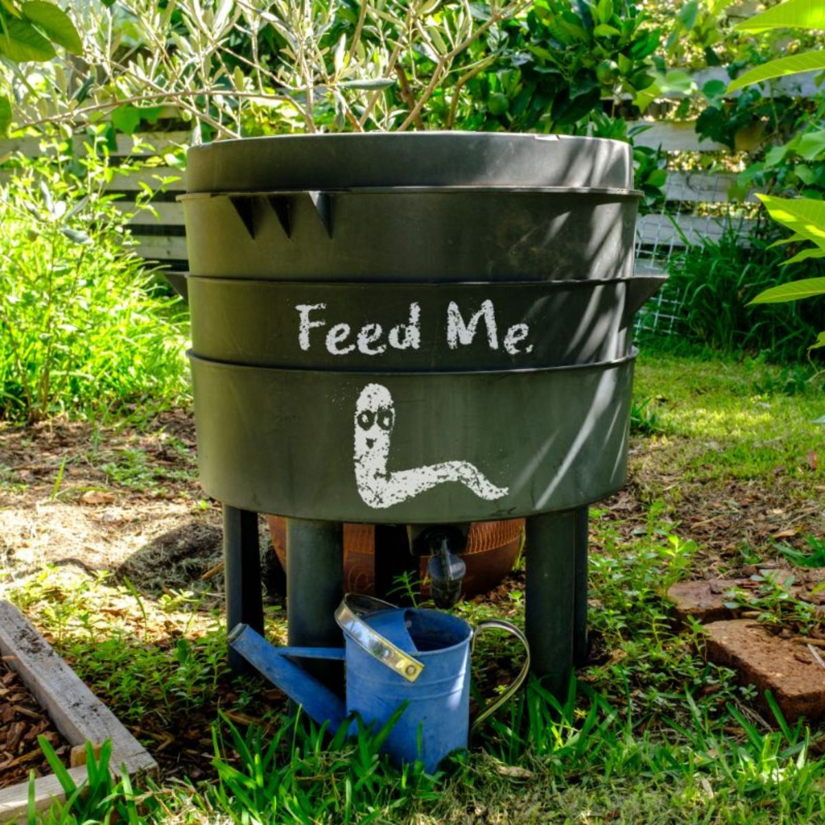 A wormery compost bin in a organic Australian garden with Feed Me worm sign.