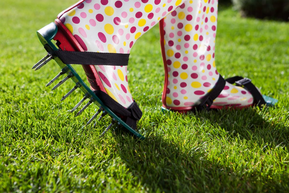 A woman walks with aerating spikes on her shoes