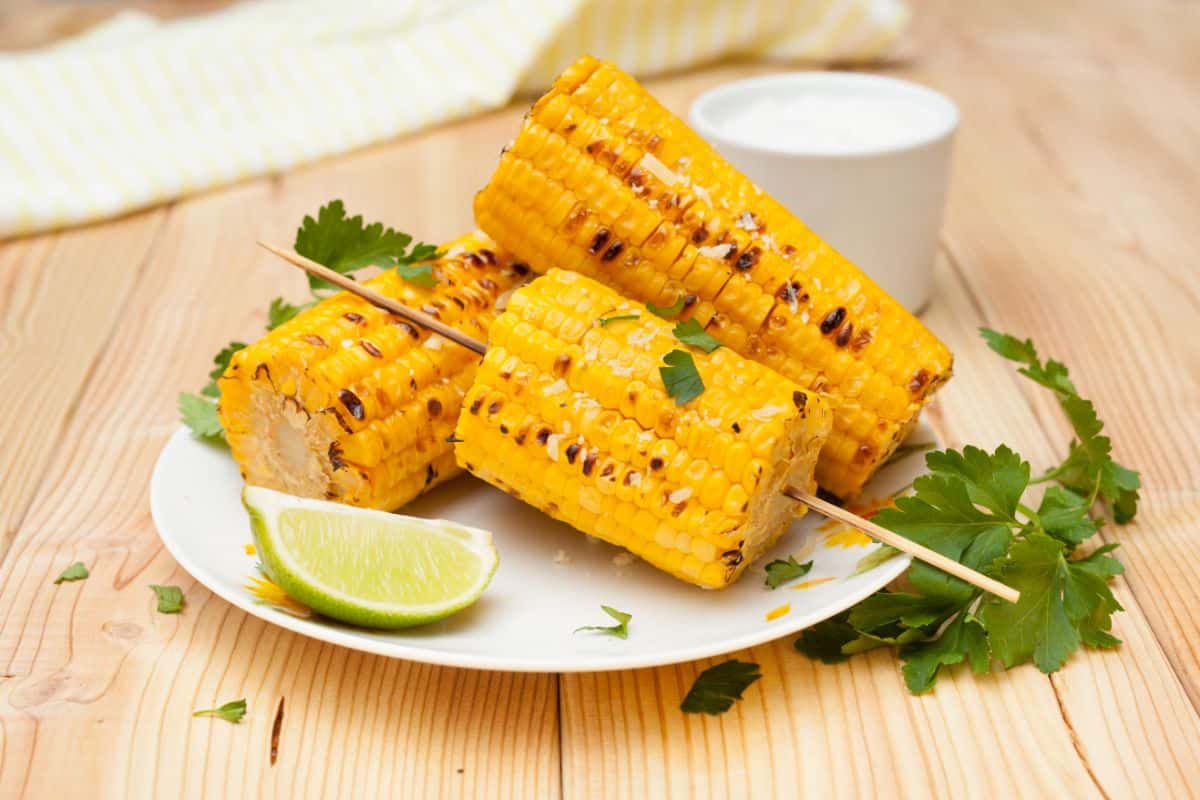 Corn on the cob is cut into chunks and grilled on skewers