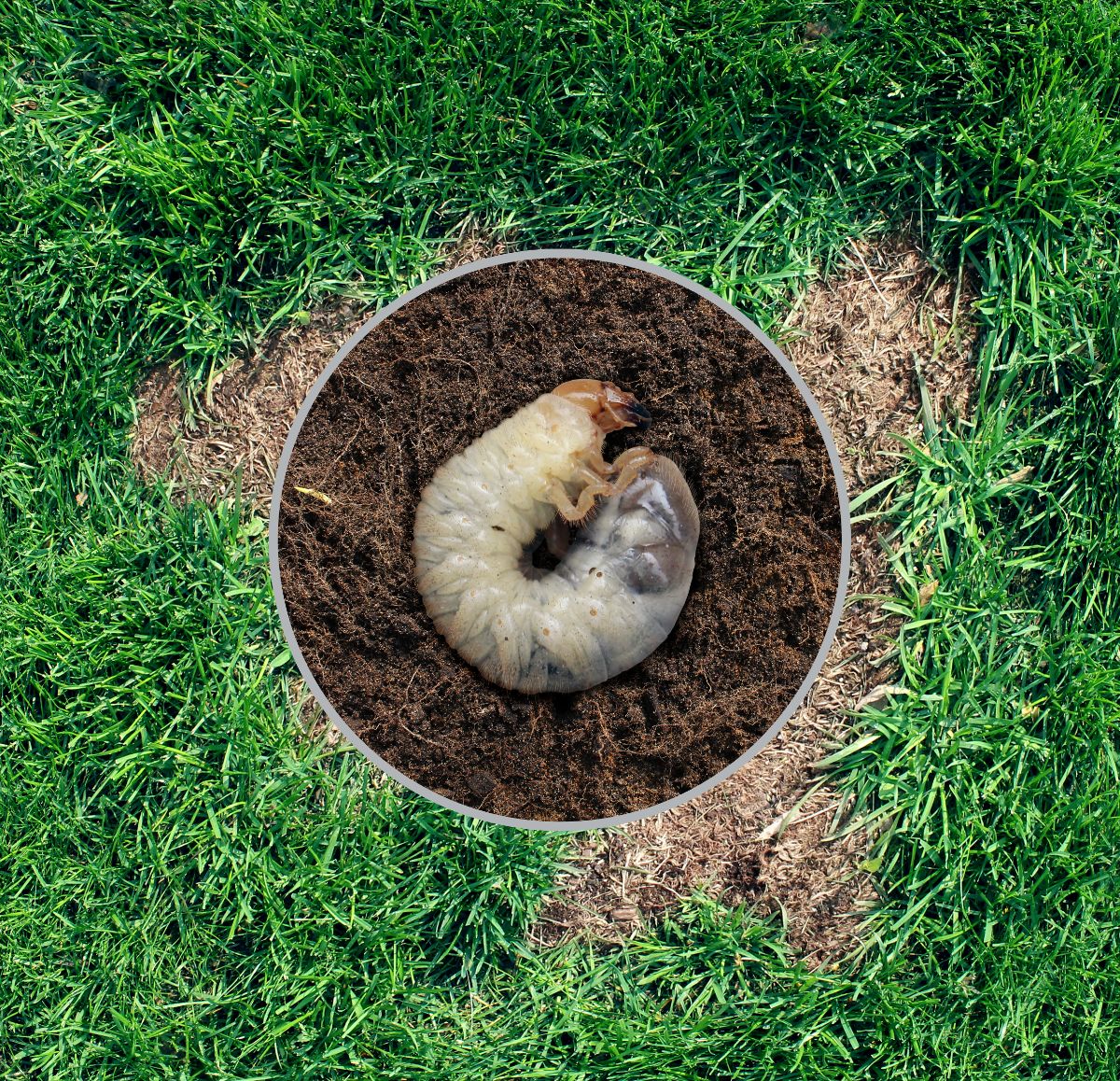A grub curled up in soil overlayed onto dead grass