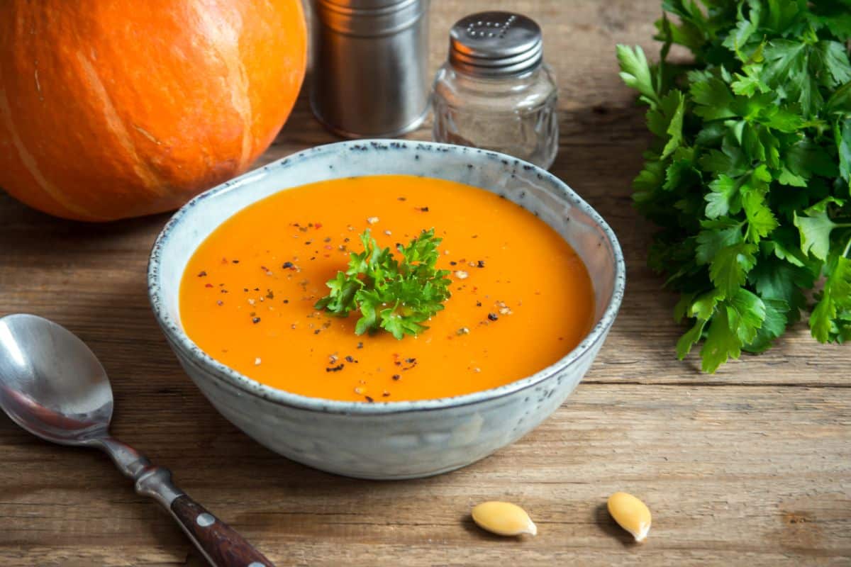 A bowl of homemade pumpkin soup