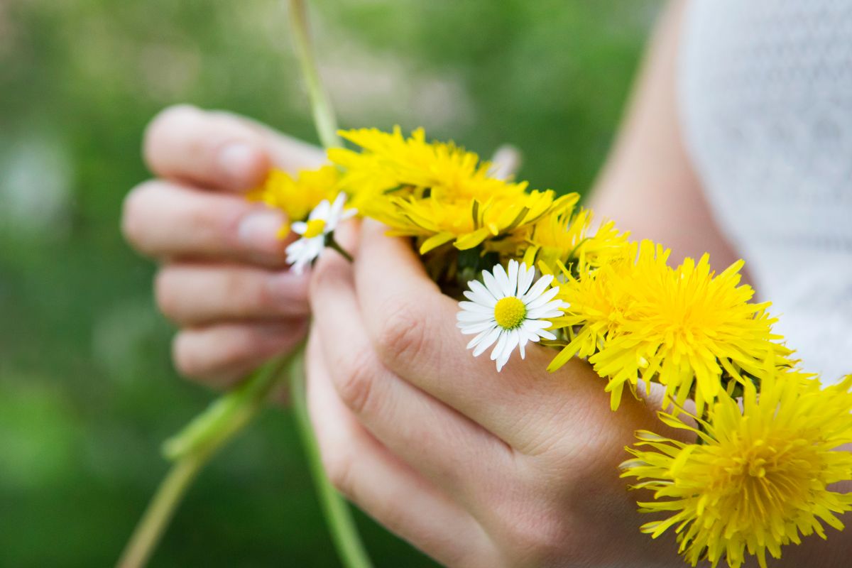 A person weaving a crown of dandelions