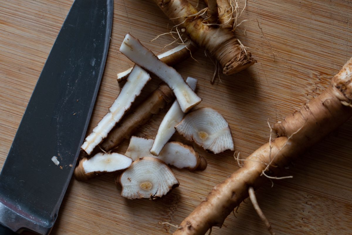 Dandelion roots cut up for dandelion coffee