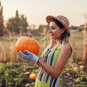 A young farmer holding a ripe pumpkin in a garden.