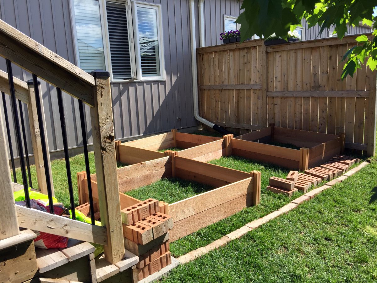 A corner of a lawn is converted into a square foot garden space