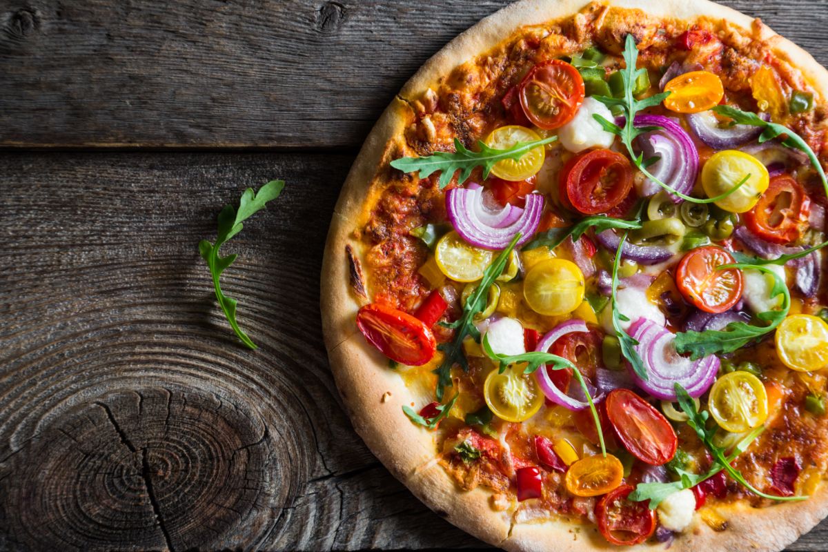 A vegetable pizza made from home-grown vegetables