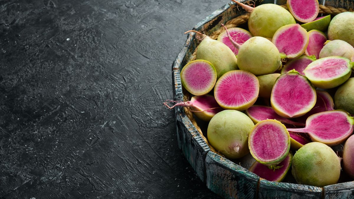 A bowl of pretty cut watermelon radishes