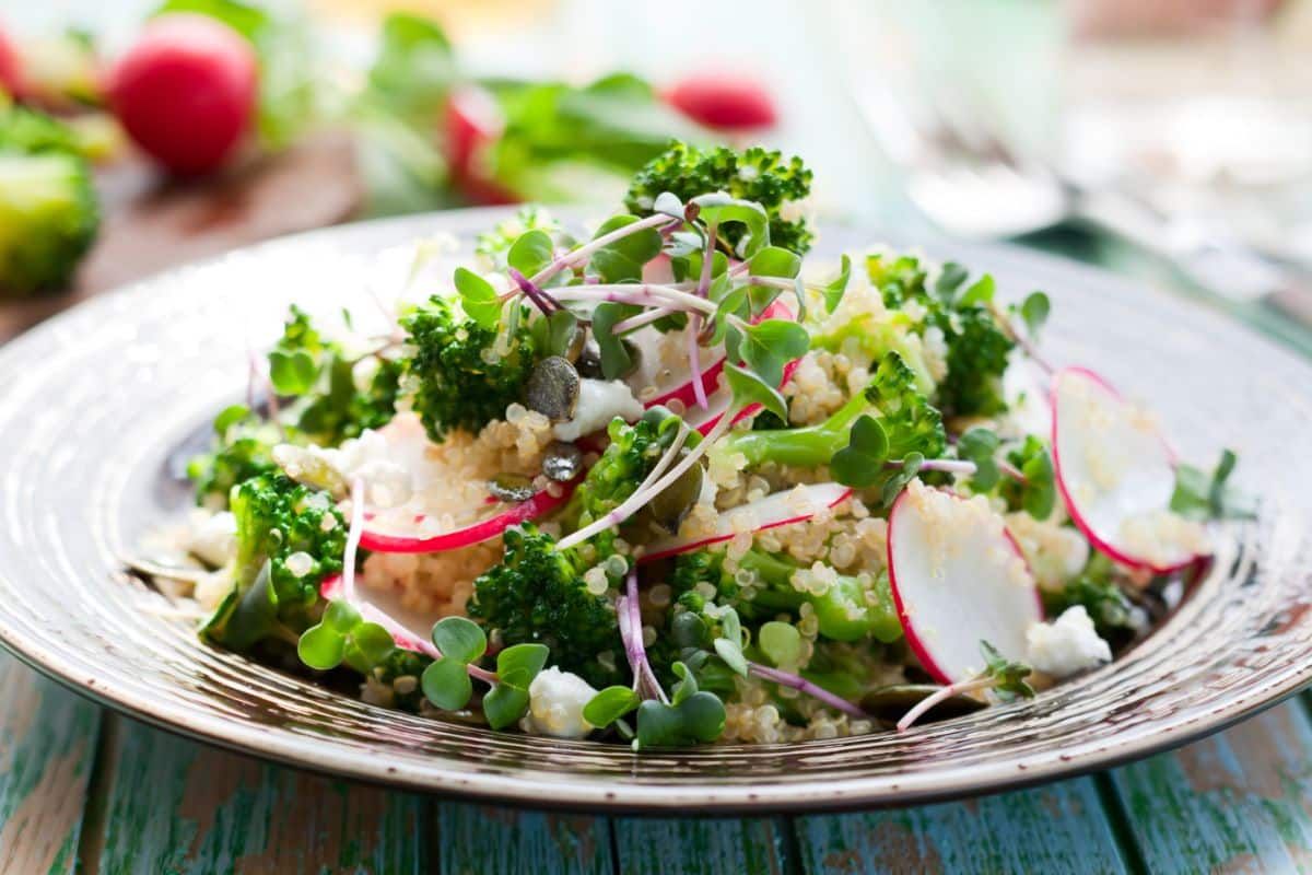 Radishes in a fresh broccoli and quinoa salad