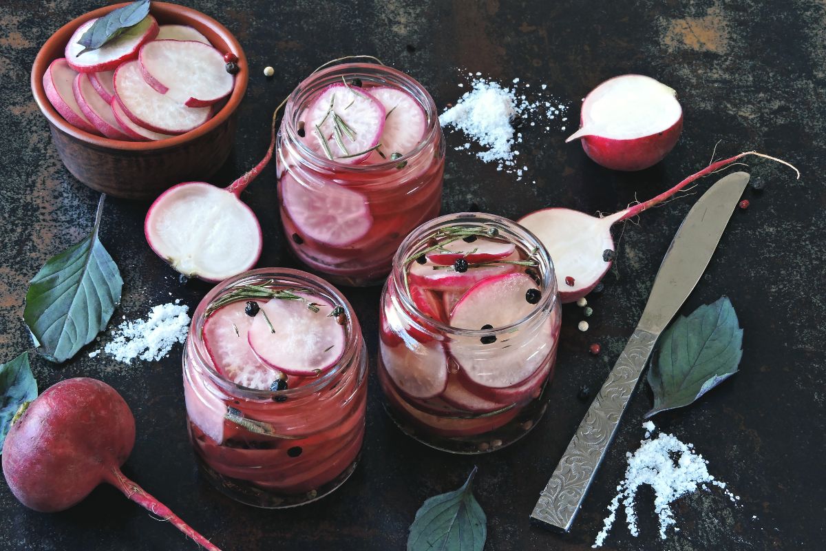 Pickled radishes prepped for water bath canning