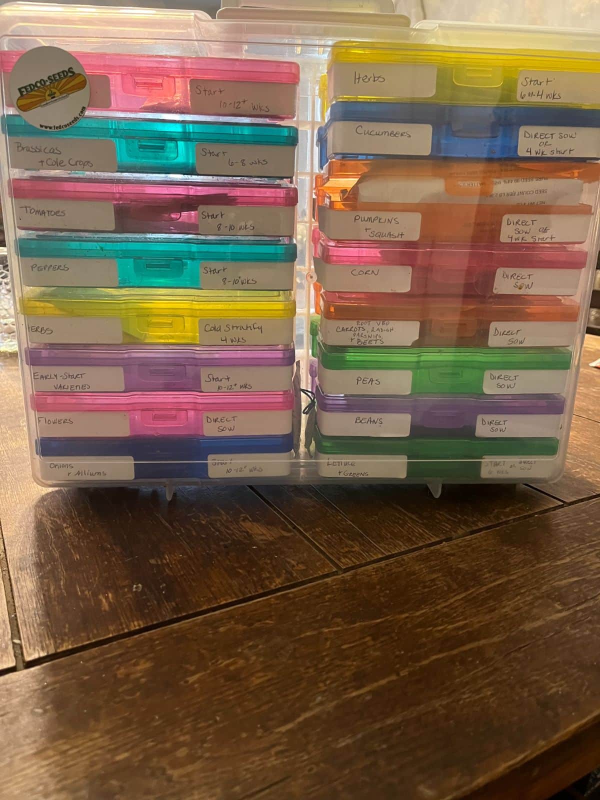 A photo storage box with cases easily stores seed packets