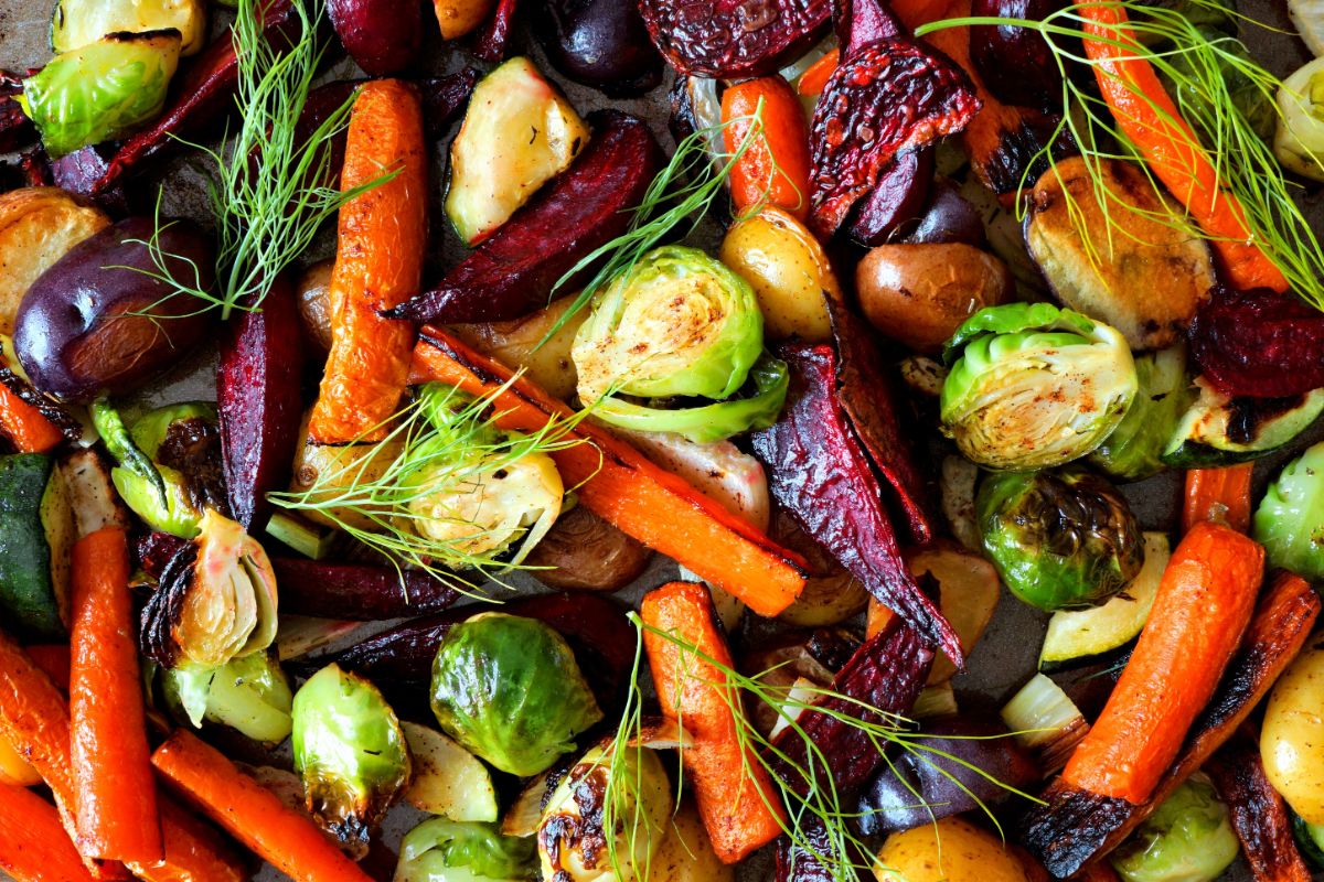A tray of roasted root vegetables.