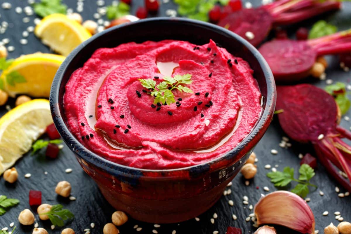 Rich pink-red hummus made with beets