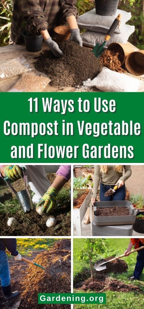 11 Ways to Use Compost in Vegetable and Flower Gardens pinterest image.