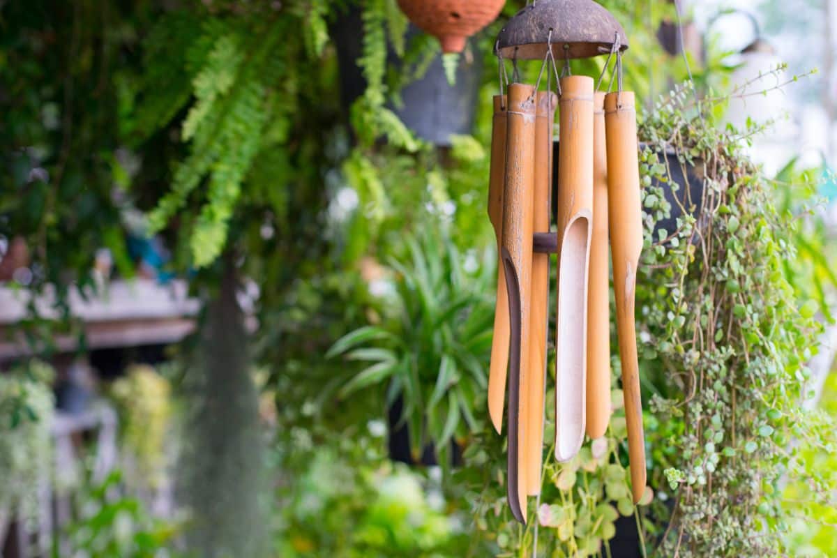 Wind chimes hanging in a sensory garden