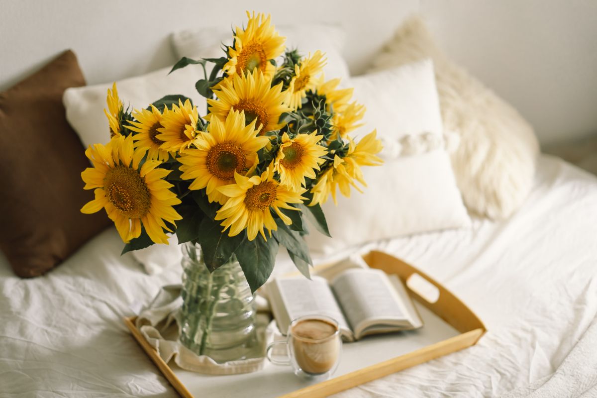 A vase of cut sunflowers on a breakfast tray