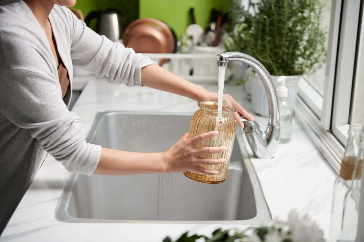 A woman fills a flower vase with clean water