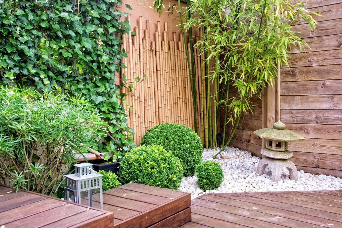 Plantings and a garden wall made from bamboo