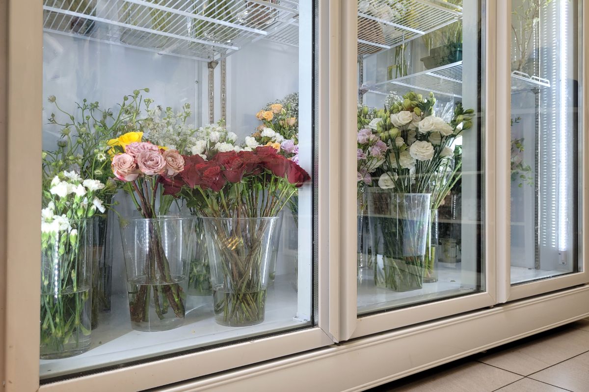 Vases of cut flowers in a refrigerator