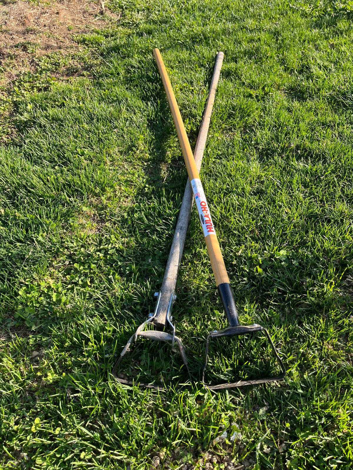 An old and a new hula hoe laid out on grass
