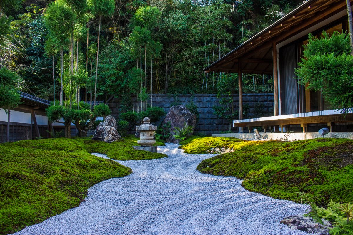 A garden of stone against moss and green trees