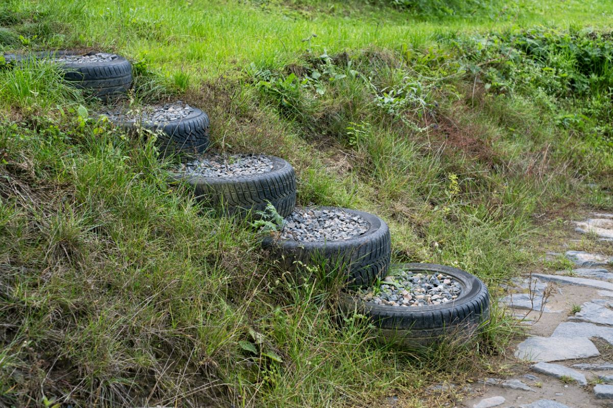 A stairway made form upcycled tires filled with stone