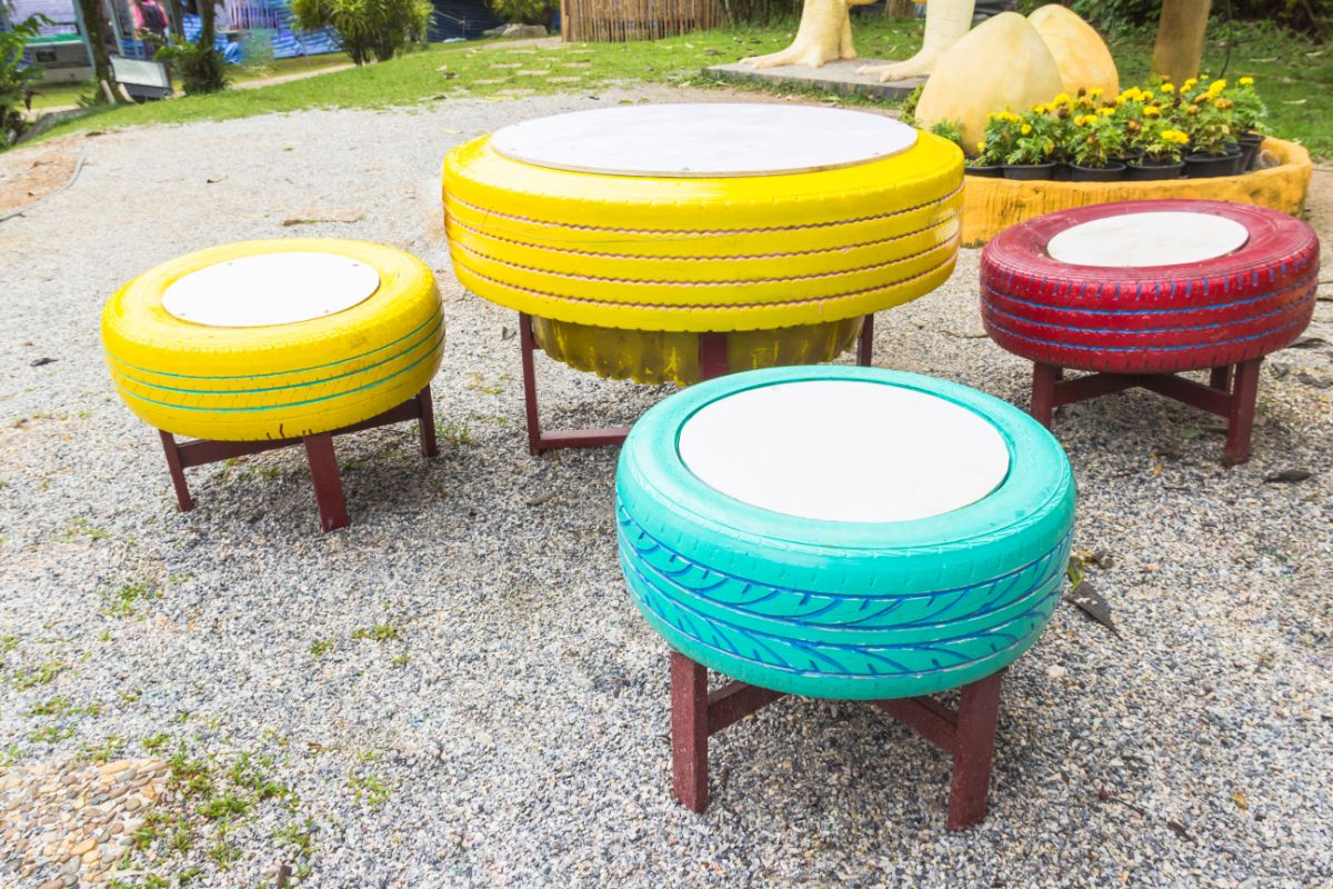 A set of table and chairs made from upcycled tires