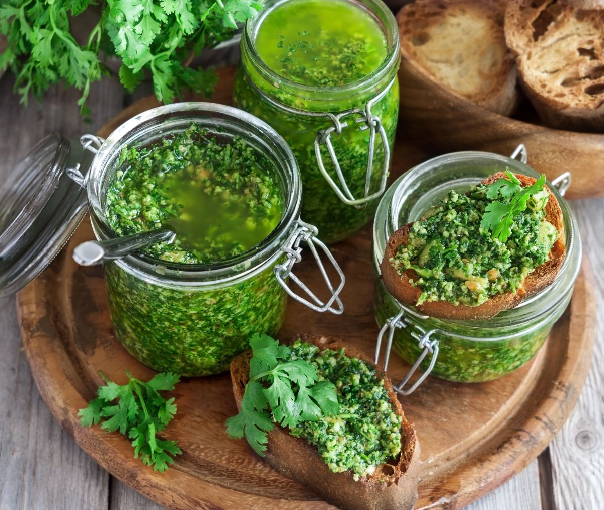 Cilantro pesto spread on crostini