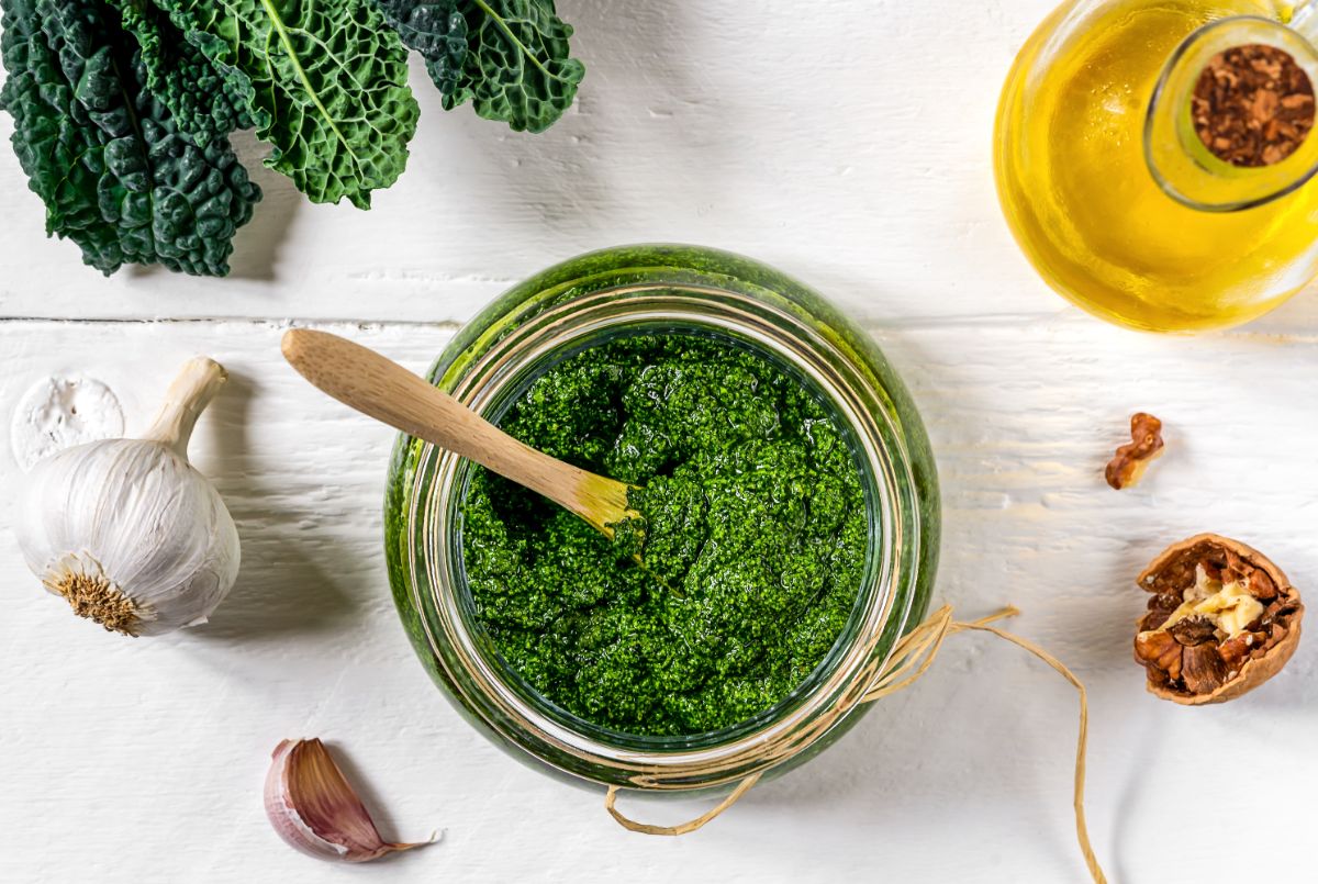 Kale pesto in a decorative jar