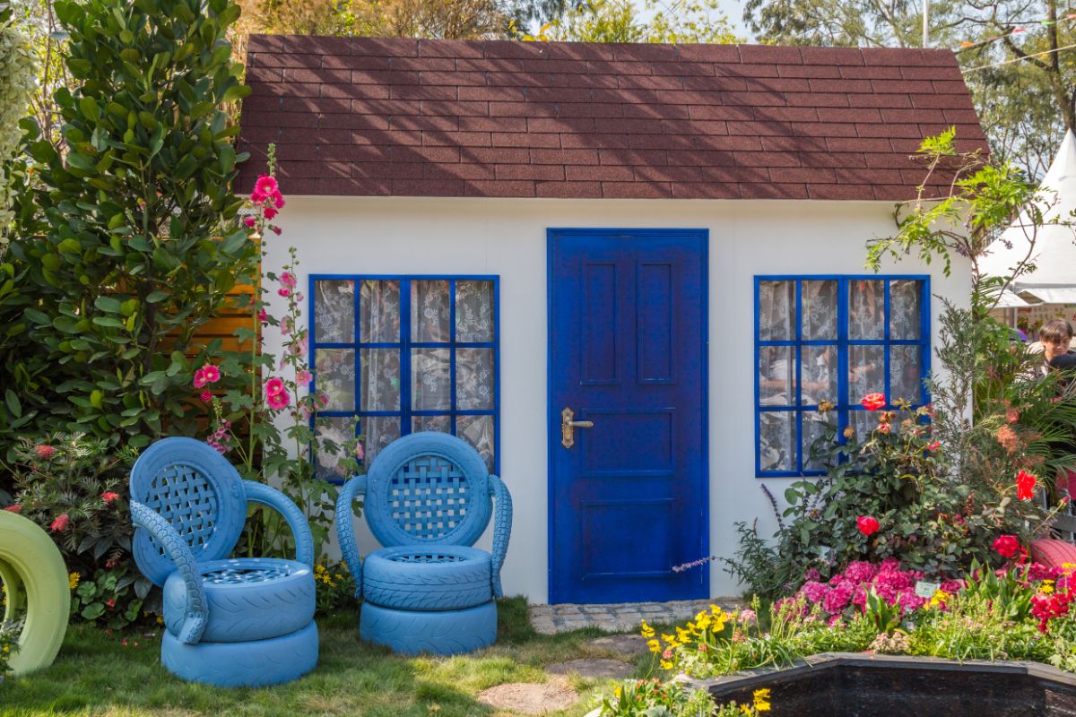 Outdoor chairs made from stacked, painted tires