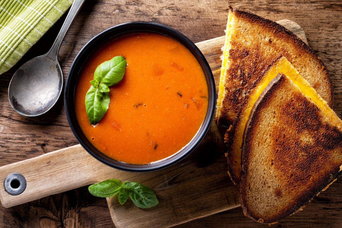 Homemade tomato soup and a sandwich