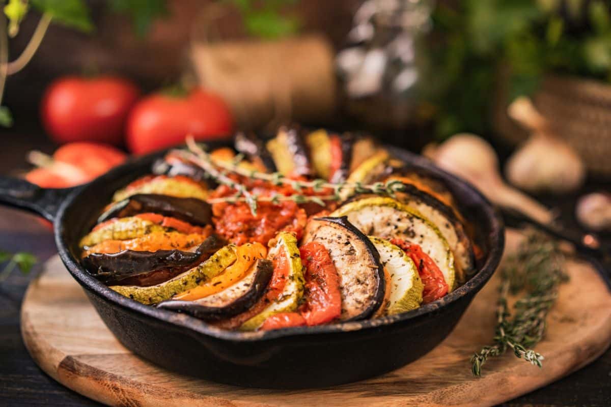 Homemade ratatouille in a cast iron pan
