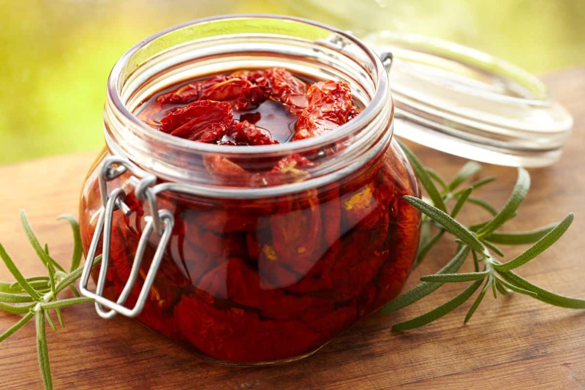 A jar of sundried tomatoes in oil