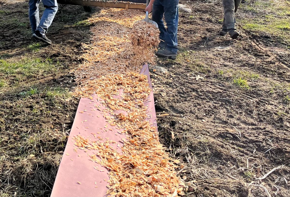 A layer of paper weed barrier being covered in wood chips