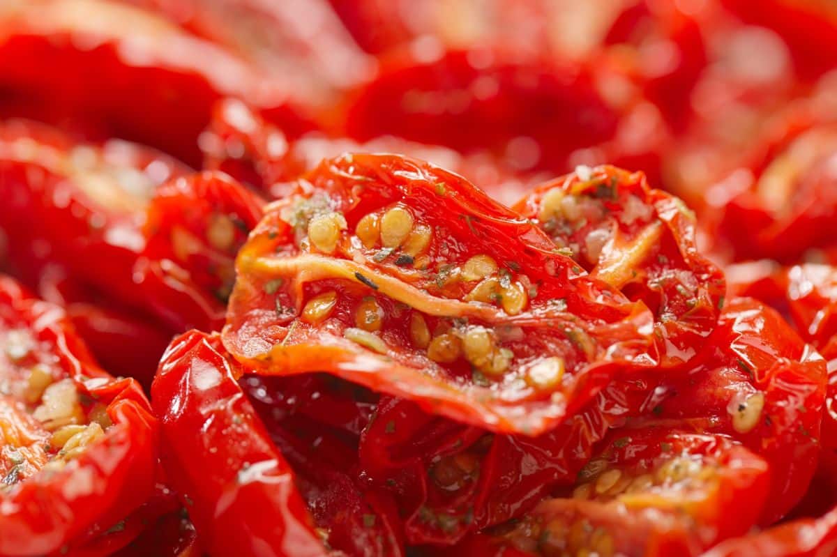 Bright red, leathery sun dried tomatoes