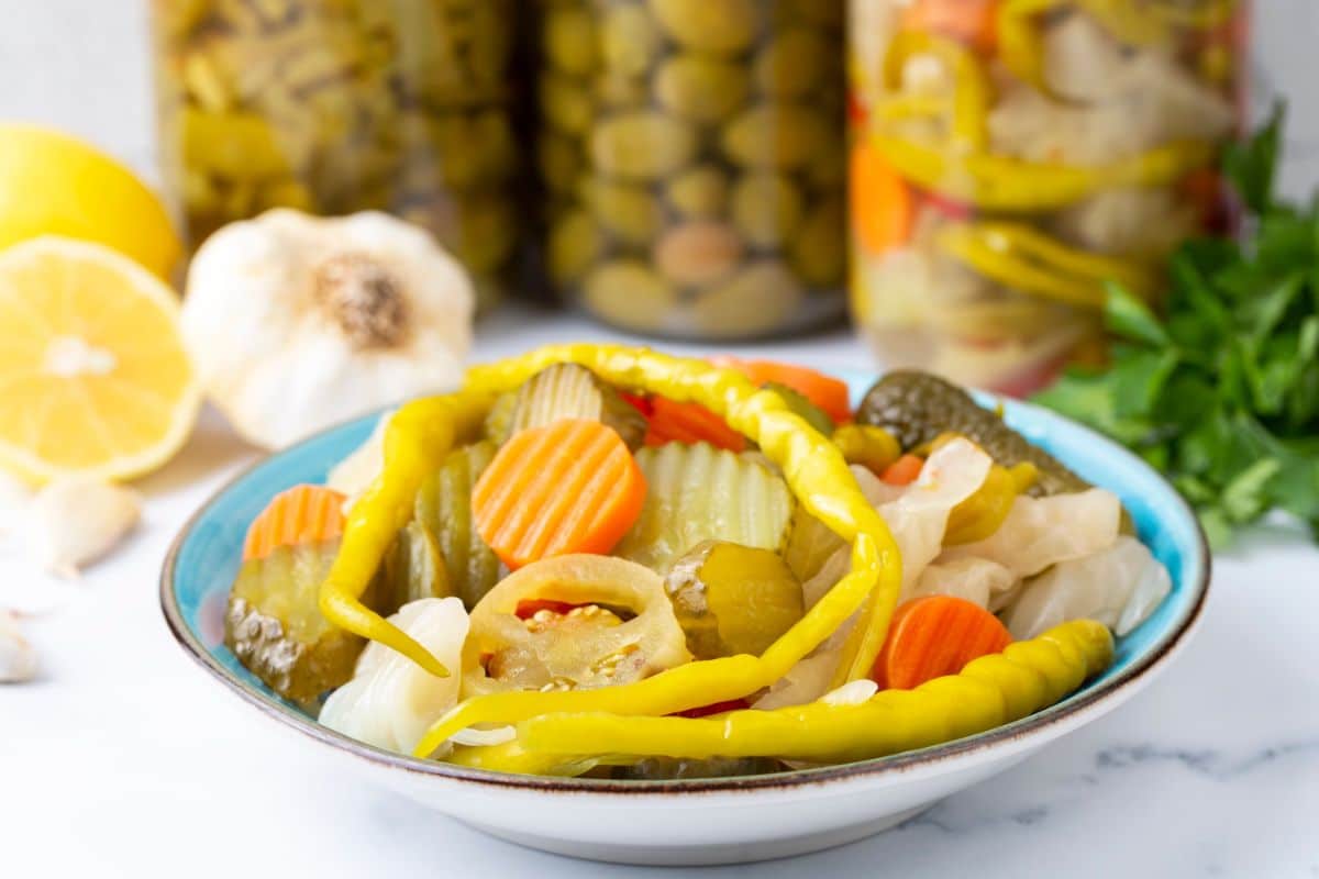 A bowl of pickled Giardiniera