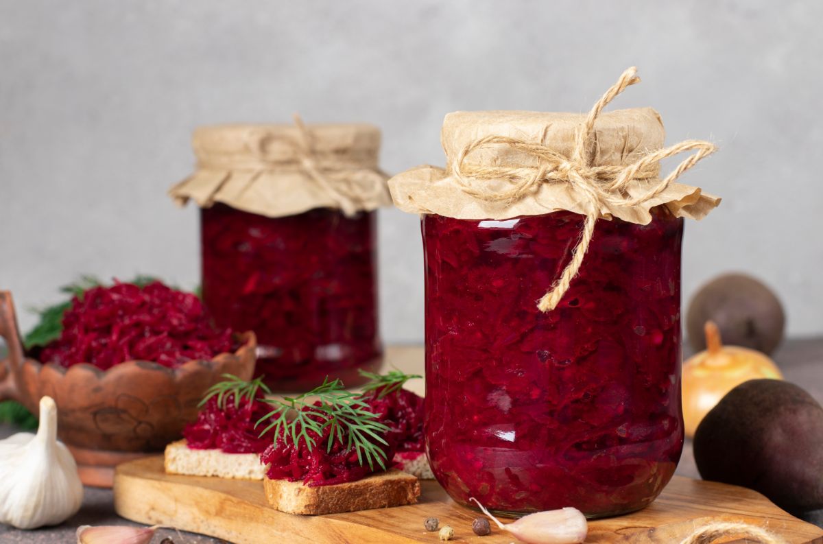 A jar of canned beet spread