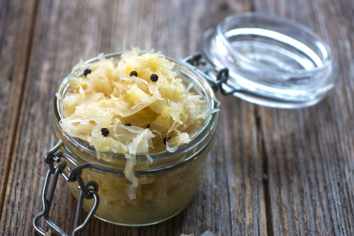 A crock of fermented sauerkraut