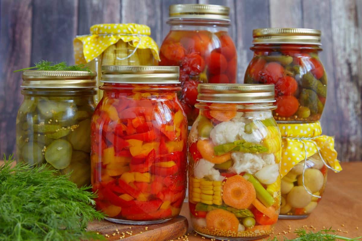 Jars of Italian style Giardiniera pickled vegetables
