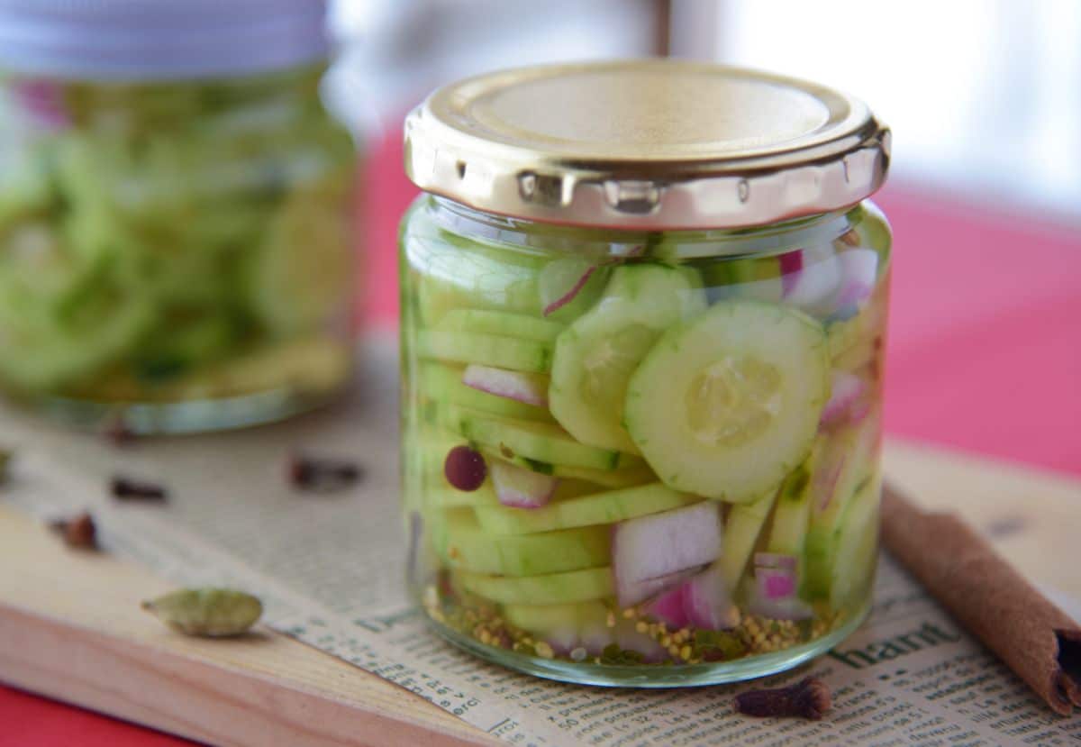 A jar of refrigerator cucumber slices