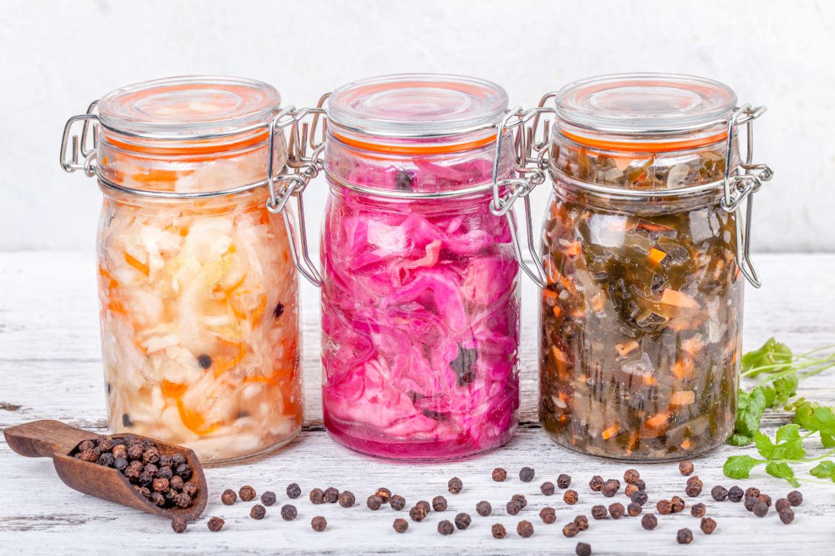 Jars of colorful lacto fermented foods