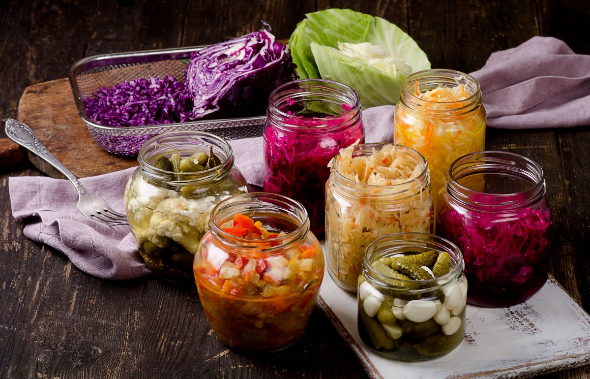A variety of lacto-fermented foods being preserved